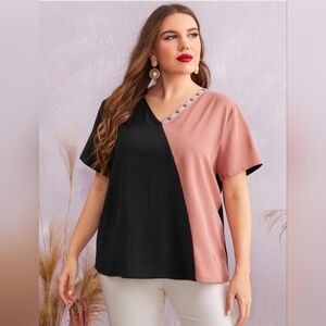 SHEIN Black and Cream V-Neck Short Sleeve Top